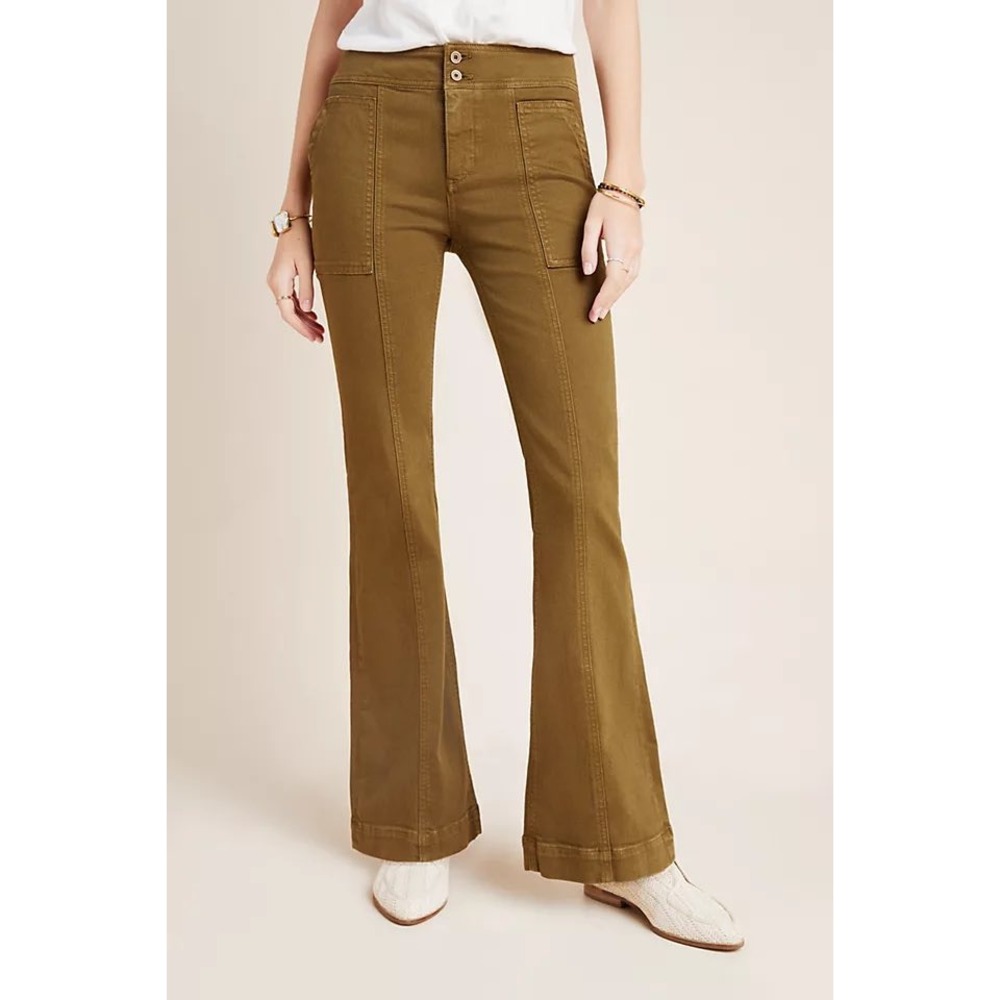 Pilcor Anthropologie High Rise Trouser Bootcut Pants Olive military flare twill